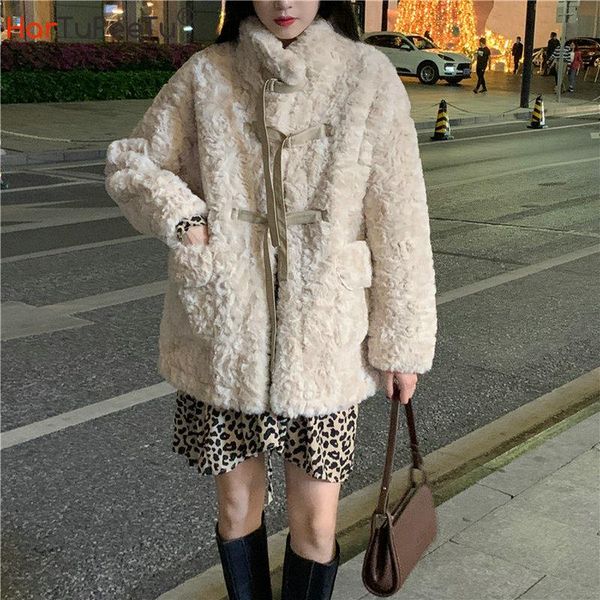 

women's wool & blends 2021 winter retro french thickened faux lamb jacket loose mid-length fashion street long sleeve cotton coat outwe, Black