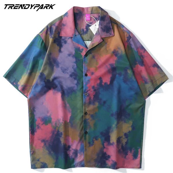 

shirts for men tie-dye print colorful hawaii beach holiday harajuku short sleeve casual shirt oversized summer shirt 210601, White;black