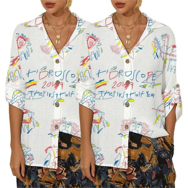 

women's blouses & shirts fashion funny graphics printed women button down long sleeve summer casual loose, White
