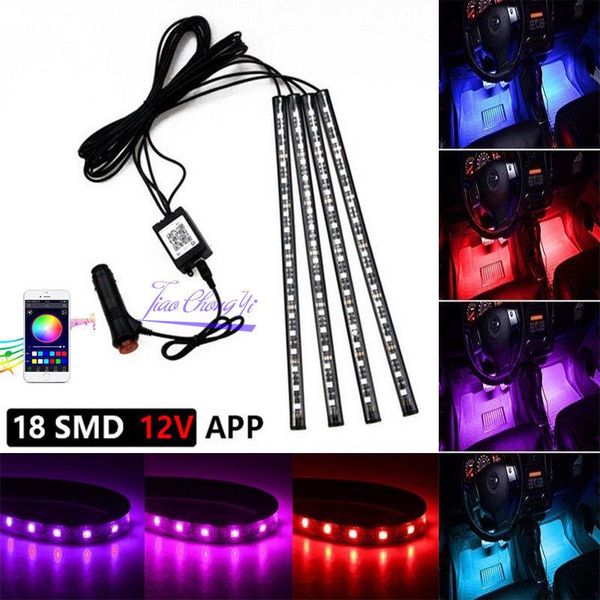 

strips 4x car 18leds rgb interior atmosphere music control strip lights app bluetooth