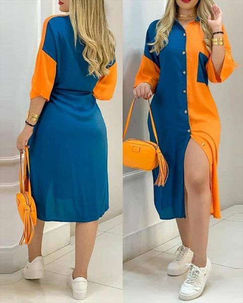 

summer fashion streetwear loose women dresses turn down collar colorblock button design casual shirt dress loungewear daily wear, Black;gray