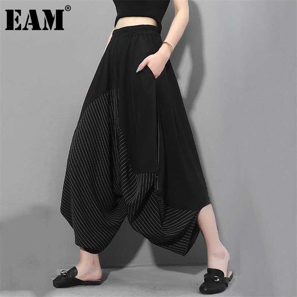 

[eam] high elastic waist black striped split long harem trousers loose fit pant fashion spring autumn 1z313 211007, Black;white