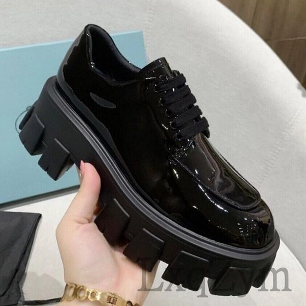 

boots british thick sole women loafers solid black shiny upper casual flat shoes brand ladies round toe non-slip runway oxford