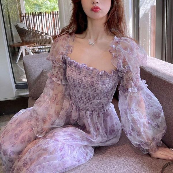 

casual dresses summer kawaii floral dress women elegant patchwork print sweet female puff sleeve french party midi korean 2021, Black;gray