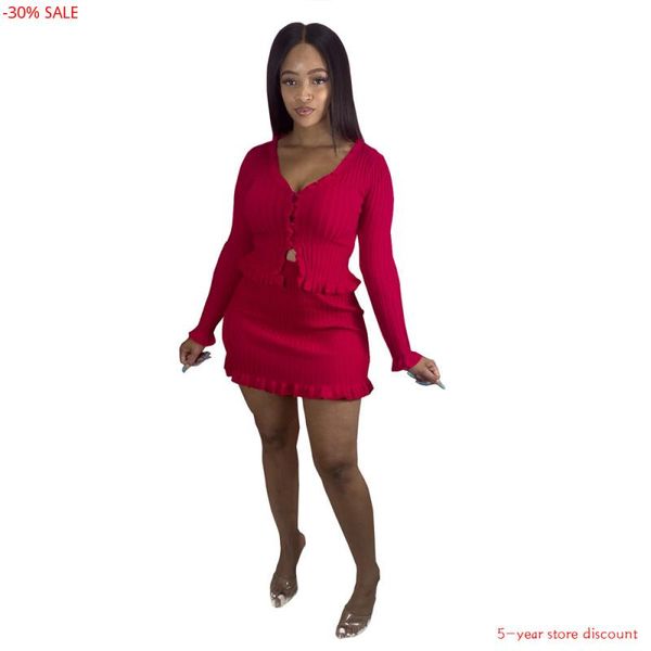 

women's tracksuits knitted two piece women sets long sleeve v neck button up mini skirt ruffles set outfits sweater co ord, Gray