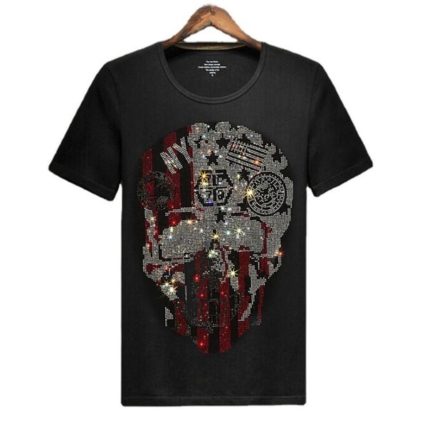 

2021 custom skull rhinestone heat transfers t-shirt for decoration, White;black