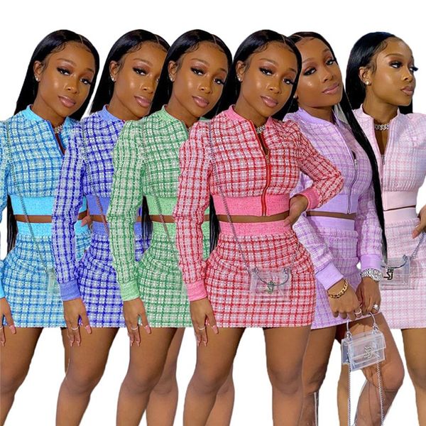 

two piece women dresses long sleeve jacket+miniskirt elegant plaid casual dress spring fall winter clothing crop package hip skirts ladies, Black;gray