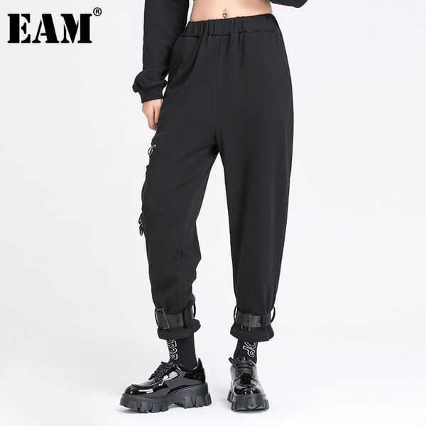

[eam] high elastic waist black pocket long harem trousers loose fit pants women fashion spring autumn 1dd6057 210512, Black;white