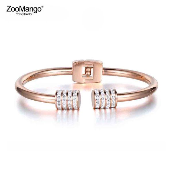 

zoomango new design mosaic rhinestone cuff bangles bracelets jewelry rose gold stainless steel wedding bangle for women zb17053 q0717, Black