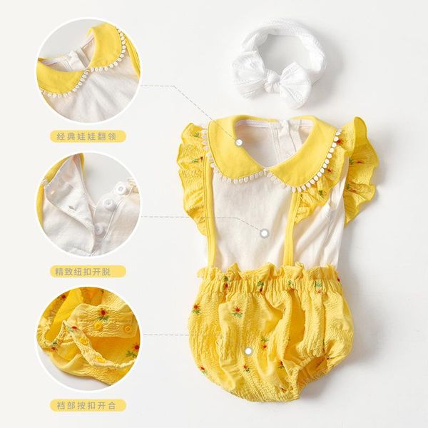 

summer baby girls cartoon yellow floral short-sleeved romper jumpsuits, Blue