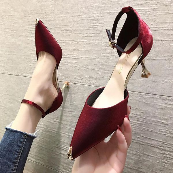 

dress shoes high-heeled women's thin heels spring and autumn one-word buckle work with pointed toes hollow fashion single, Black