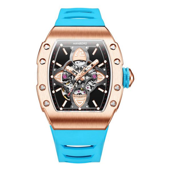 

wristwatches hanboro mens automatic watches luxury watch mechanical wristwatch luminous water resistant tonneau case rubber strap skeleton, Slivery;brown