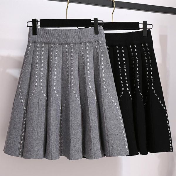 

skirts 2021 elegant plus size women autumn winter high waist short knitted pleated skirt slim elastic thicken a-line kw326, Black