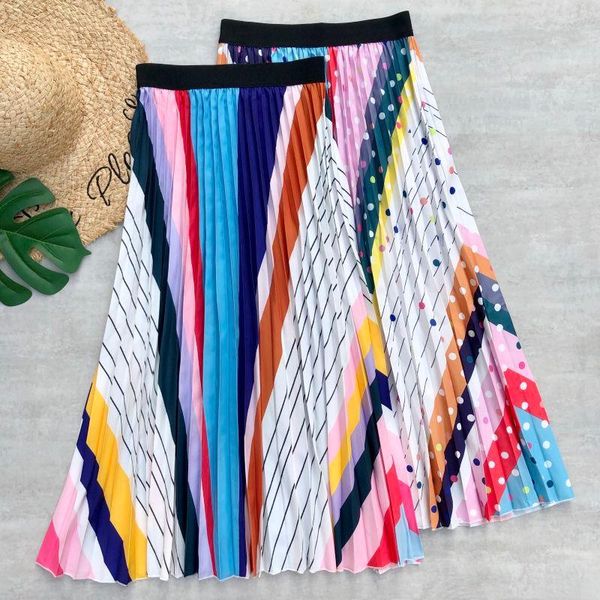 

skirts colorful striped polka dots print high waist contrast color elegant office lady midi women summer vintage pleated, Black