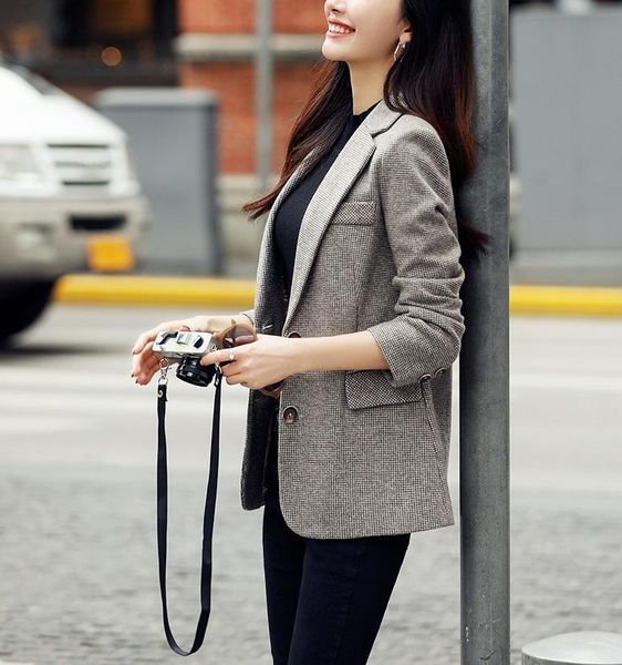

women's wool & blends korean casual retro fashion net red worsted plaid blazer woolen coat, Black