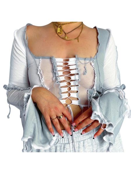 

women's color block crop long sleeve lace up hollow out mesh patchwork blouse t-shirt, White