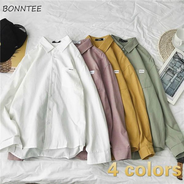 

men shirts chic leisure korean style simple solid turn-down collar mens plus size 2xl all-match harajuku loose long sleeve men's casual, White;black