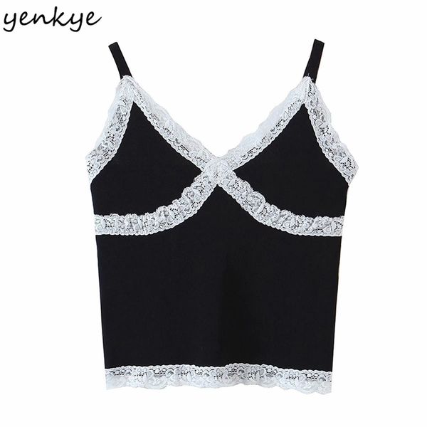 

sweet lace trims cami women v neck crop female cotton summer s 210514, White