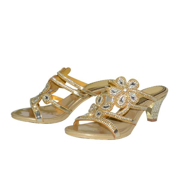 

slippers summer women thick high heel flower rhinestone hollow diamonds, Black