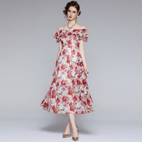 

chic design elegant rose flower printted women summer dew shouder slash neck ruffles a-line long dresses 210514, Black;gray