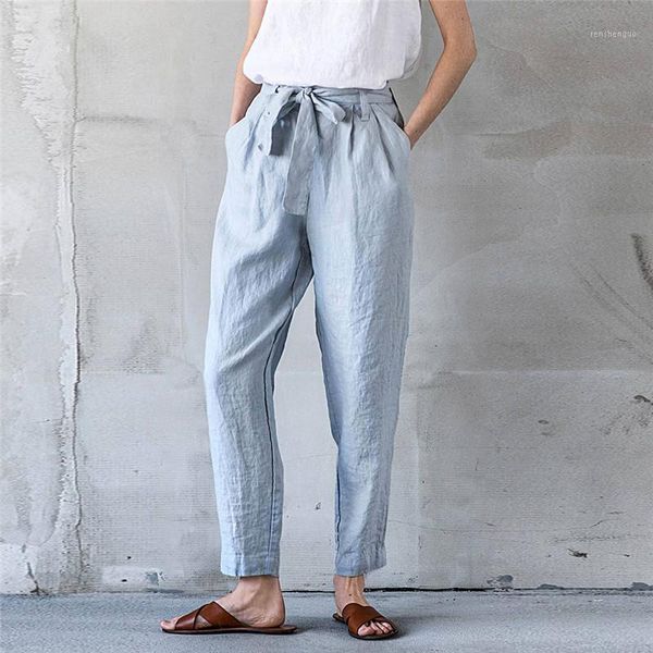 

women's pants & capris johnature japanese linen women harem 2021 vintage all match elastic waist loose bandage ankle-length, Black;white