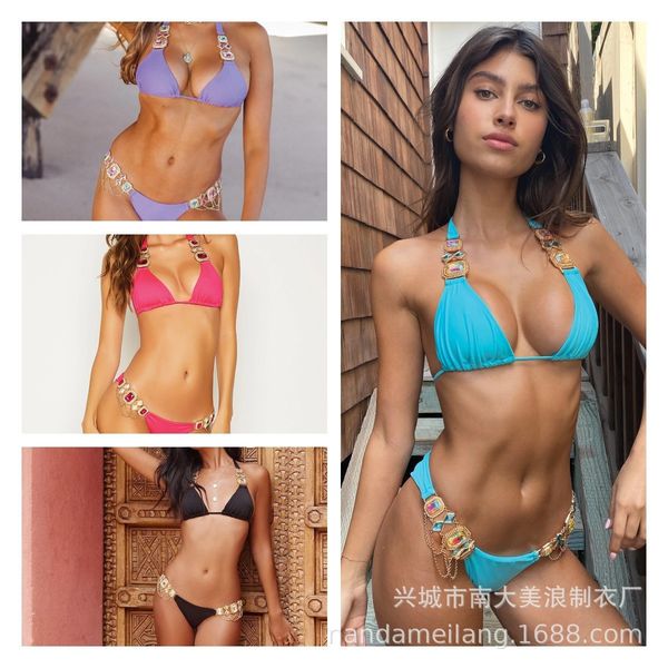 

2021 multi color diamond decorated bikini strap swimsuit, Red;black