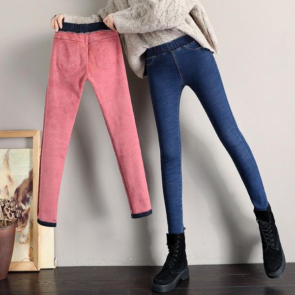 

women's jeans women winter thick plus velvet high waist skinny female warm slim fit stretch pants ladies casual denim pencil k78, Blue