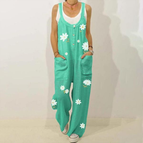 

retro flower print cotton linen women romper summer elegant button strappy backless bodysuit pocket loose trousers, Black;white