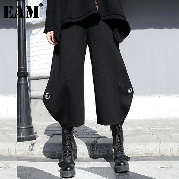 

women's pants & capris [eam] high elastic waist black hollow out long wide leg trousers loose fit women fashion tide spring autumn 2021, Black;white