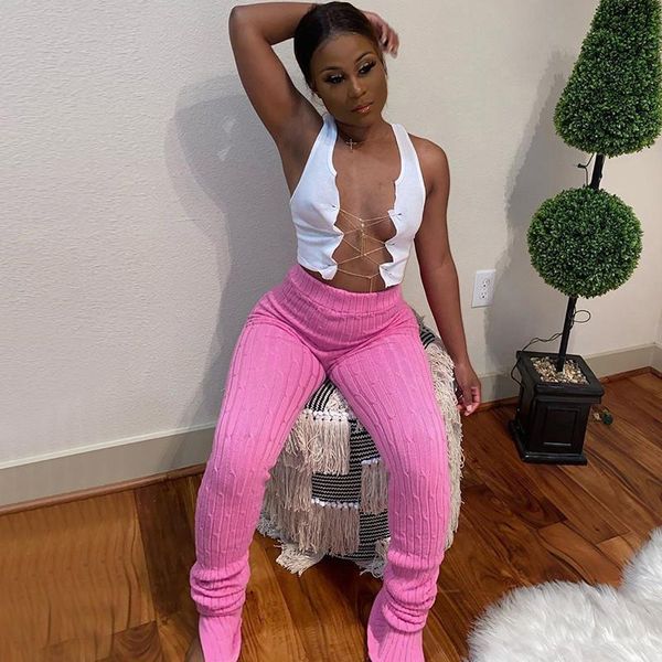 

casual women knitted winter warm pants trousers high waist split bodycon slim solid women's & capris, Black;white