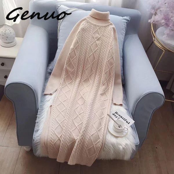 

casual dresses genuo 2021 high elasticity spring autumn sweater dress women warm female turtleneck knitted elegant glitter straight, Black;gray