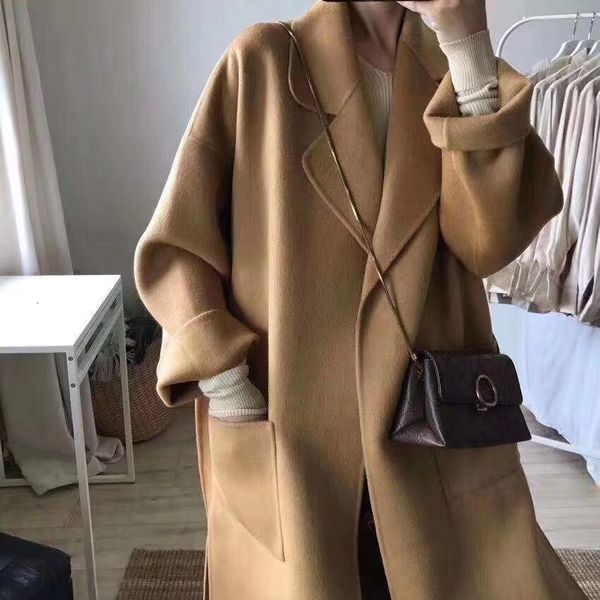 

luxury women's short coat2021 autumn winter bathrobe style slit woolen double-sided cashmere women's coat, Black;brown