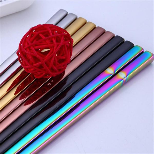 

pair stainless steel square chopsticks non-slip reusable metal chopstick for sushi hashi sticks tableware kitchen tool