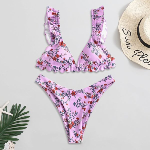 

swimwear 2021 ruffle lace up printed bikini women's, White;black