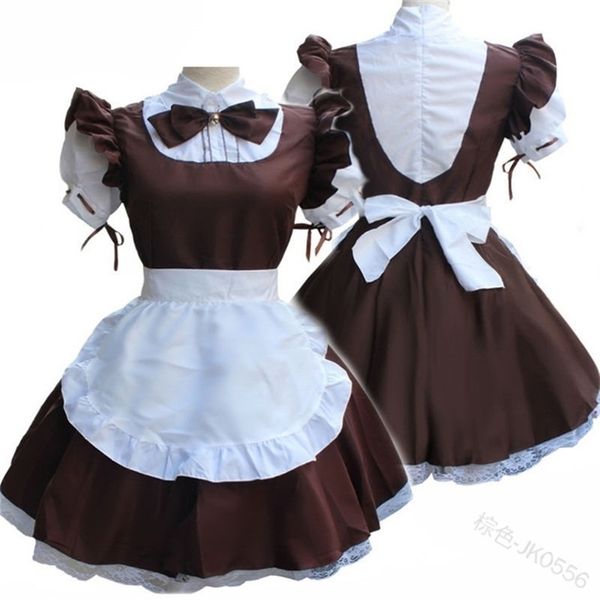 Cute Maid Cosplay Traje Lolita Vestido Curto Mangas Cor Bloqueado Garçonete Pinafe Outfit Outfit Halloween Outfit Para Meninas Plus Size 210323