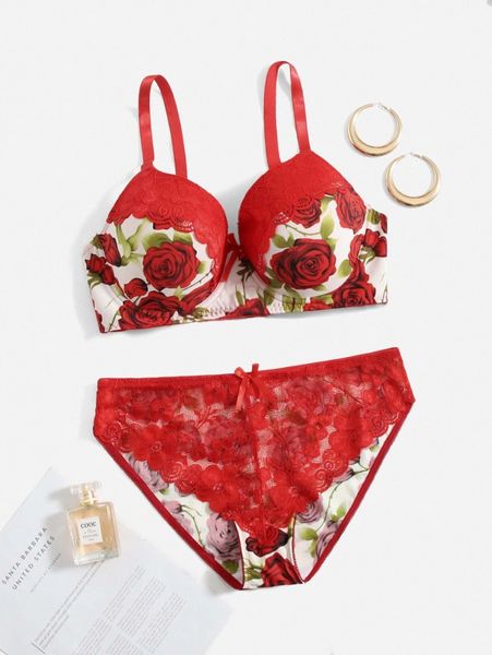 

plus floral print contrast lace underwire lingerie set d70m#, Black;white