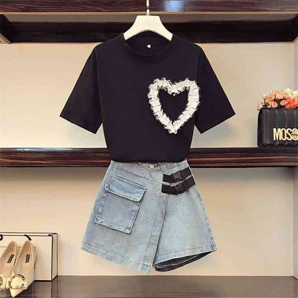 

cool streetwear women clothing summer two piece shorts sets 3d appliques deco tshirt and irregular short jeans outfits 210602, White