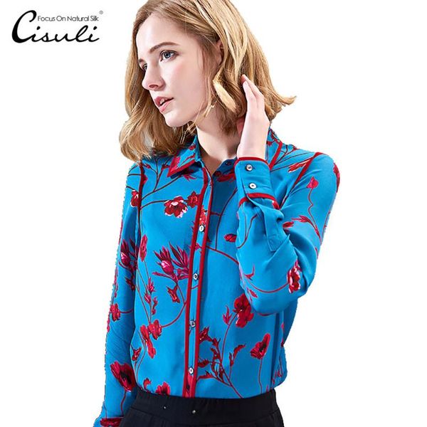 

women's blouses & shirts cisuli women summer shirt 100% silk crepe printed blouse long sleeve 2021 spring, White