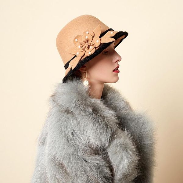

beanies woolen bucket hat women autumn winter leisure bead flowers felt