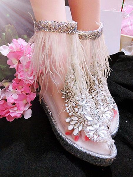 

boots fairy woman rhinestone flower bird fur tassel mesh ankle crystal platform sole pointed toe summer mid-calf bottines, Black