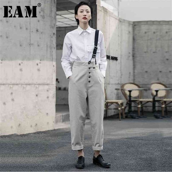 

[eam] high waist geay button split joint leisure trousers overalls loose fit pants women fashion spring autumn 1r5860 210925, Black;white