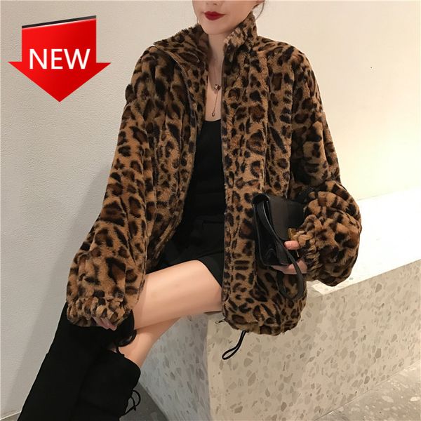 

jackets lady plus size fuzzy jacket streetwear winter feminine chaquette leopard outwear, Black;brown