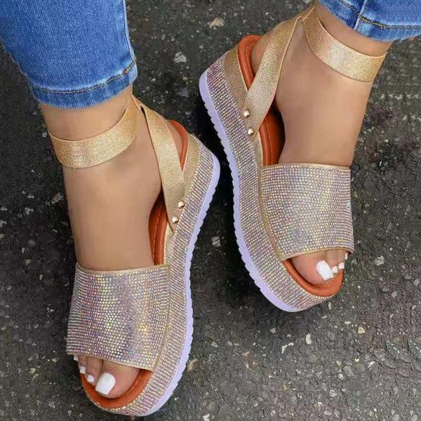 

womens sandals summer wedgr crystal rhinestone buckle strap outdoor shoes ladies beach platform sandalias dress, Black