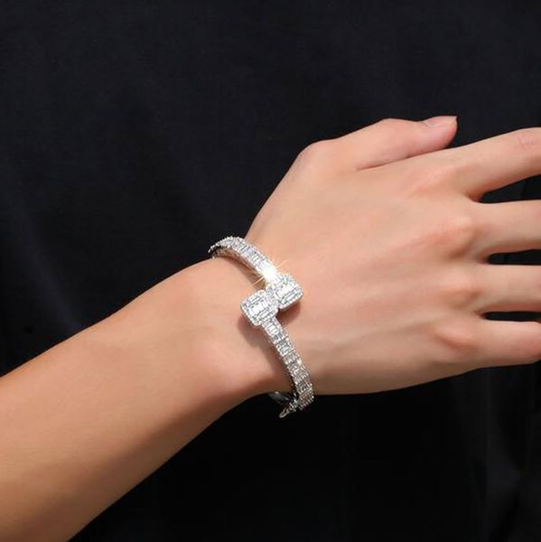 

14k gold men ladies cubic zirconia diamond baguette square bangle bracelet opening size hiphop jewelry, Golden;silver