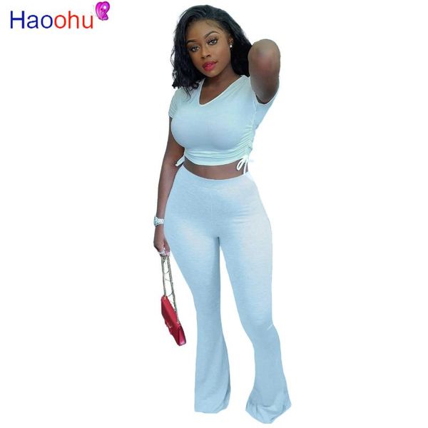 

women's tracksuits haoohu women tie up stacked short sleeve t-shirt flare jogger pants suit active wear tracksuit two piece set fitness, Gray