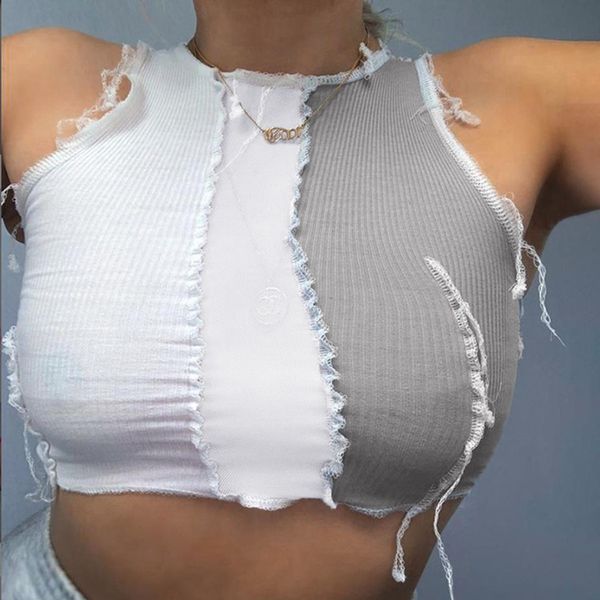 

bodycon see through women tanks crop mesh patchwork design punk sleeveless street casual wear wild vest female, White