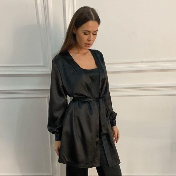 

women's sleepwear hiloc lantern sleeve burgundy robes women satin silk robe pure color long winter black white autumn, Black;red