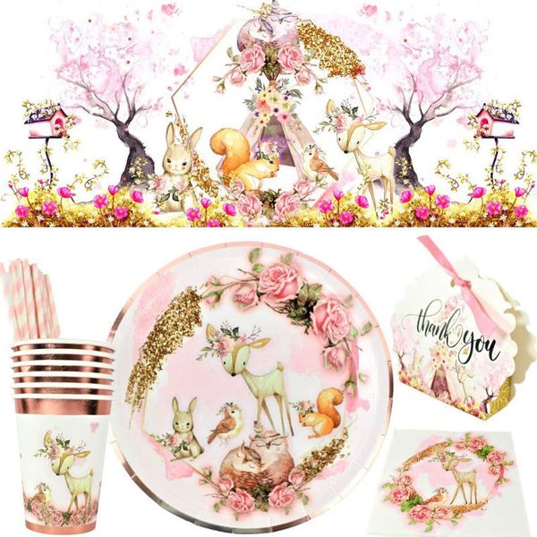 

rose gold flower deer theme set forest animal thank you paper tray towel