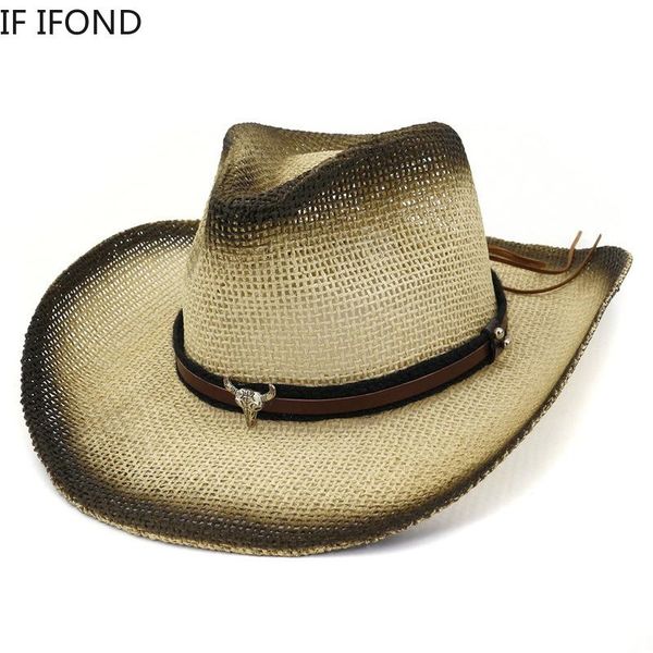 

cloches womens spray paint paper western cowboy hats beach straw wide brim men ladies sunshade hat