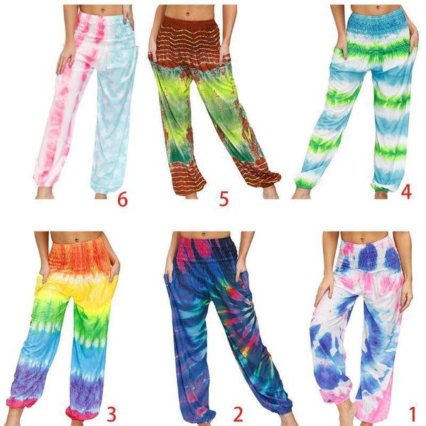 

yoga outfit womens smocked waist hippie pants boho tie-dye rainbow striped harem trousers palazzo casual loose loungewear